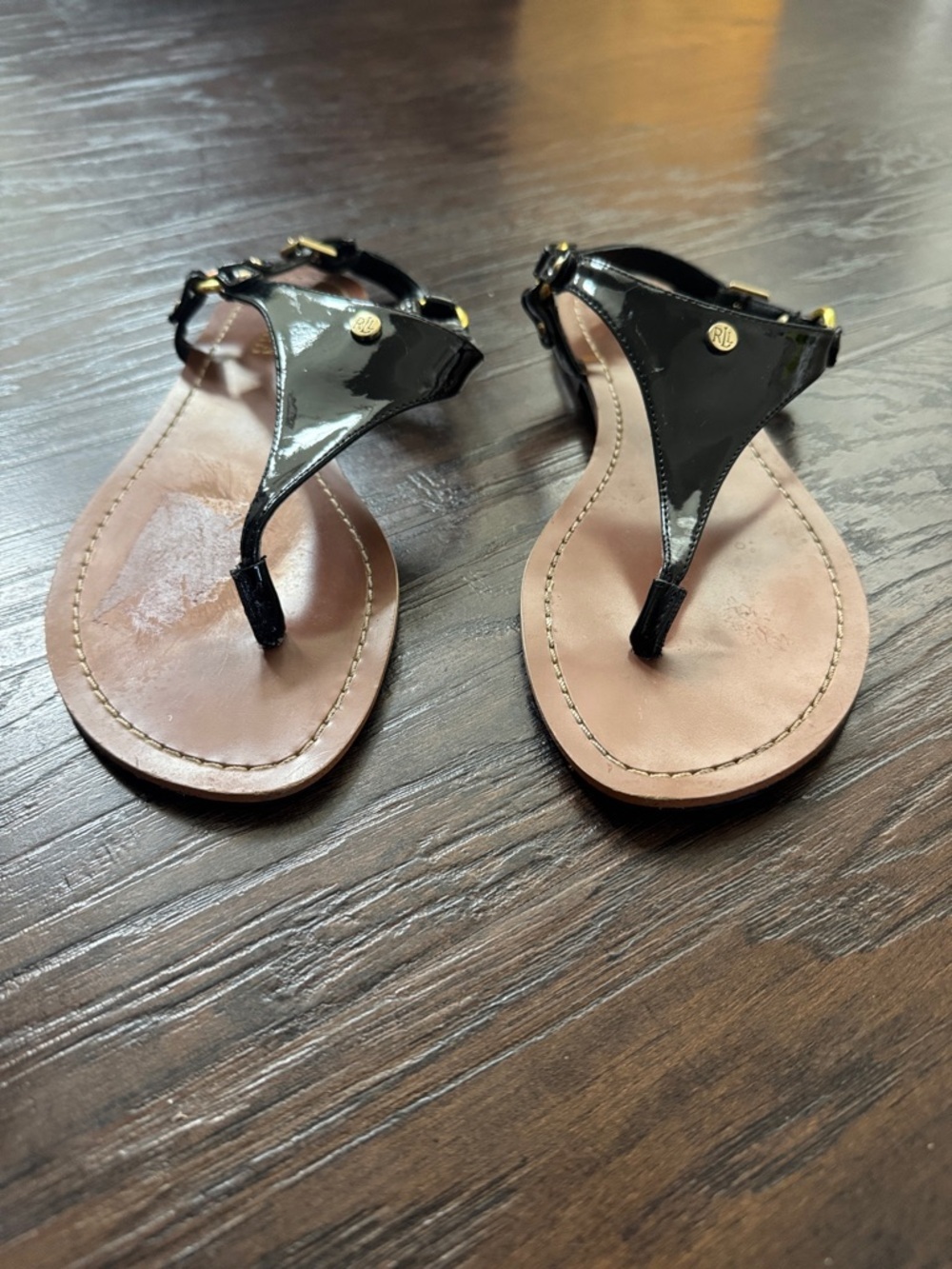 LAUREN Ralph Lauren Black Patent Leather T-Strap Sandals with Tan Footbed - Picture 5 of 10